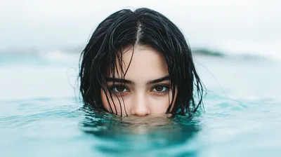 Young Woman With Wet Hair Emerging From Ocean Water