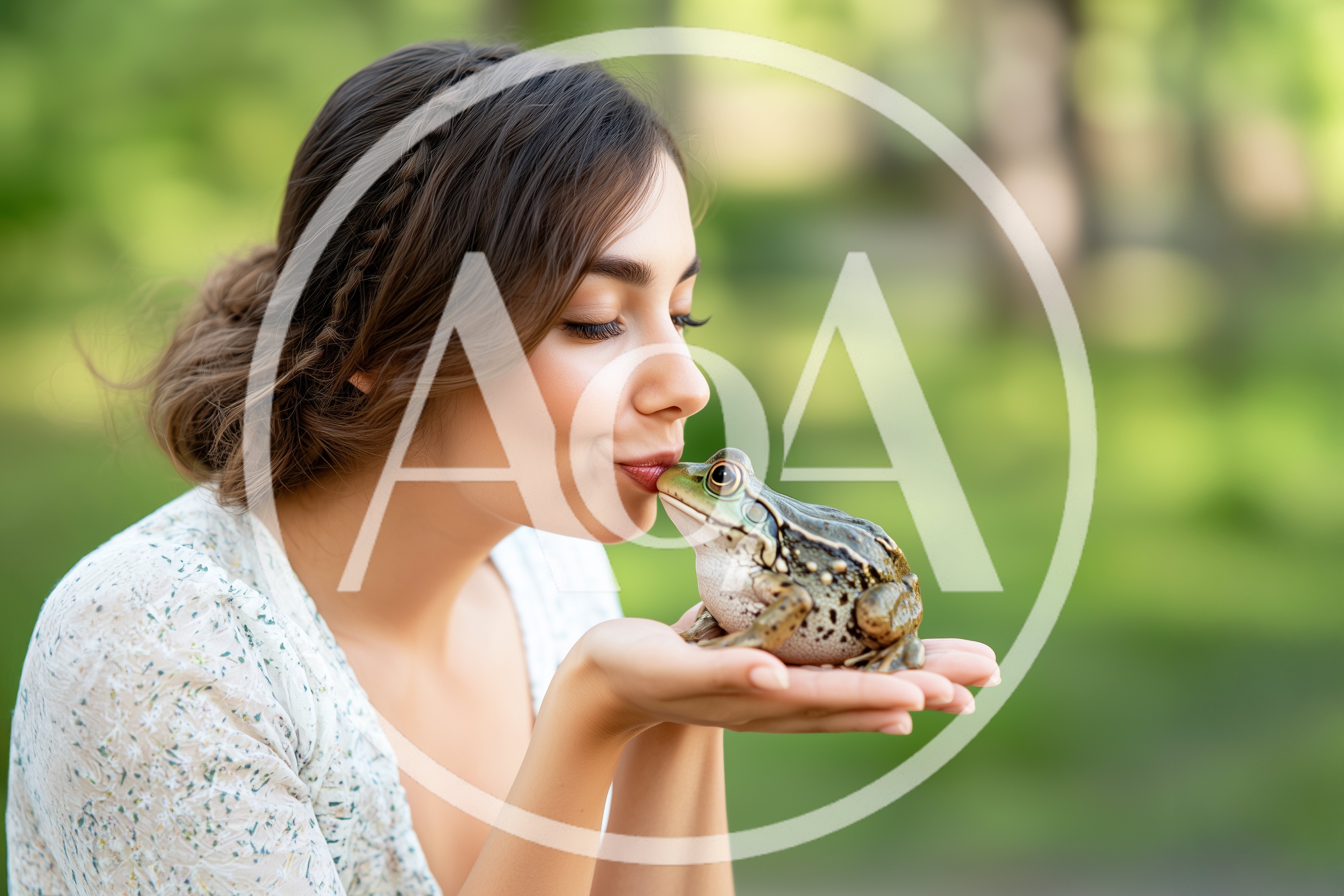 Young Woman Kissing A Frog In A Park
