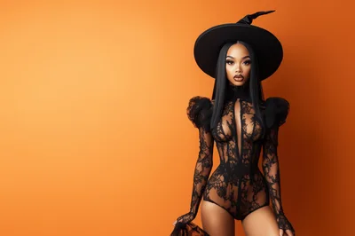 Fashionable Woman Wearing Witch Costume Against Orange Background