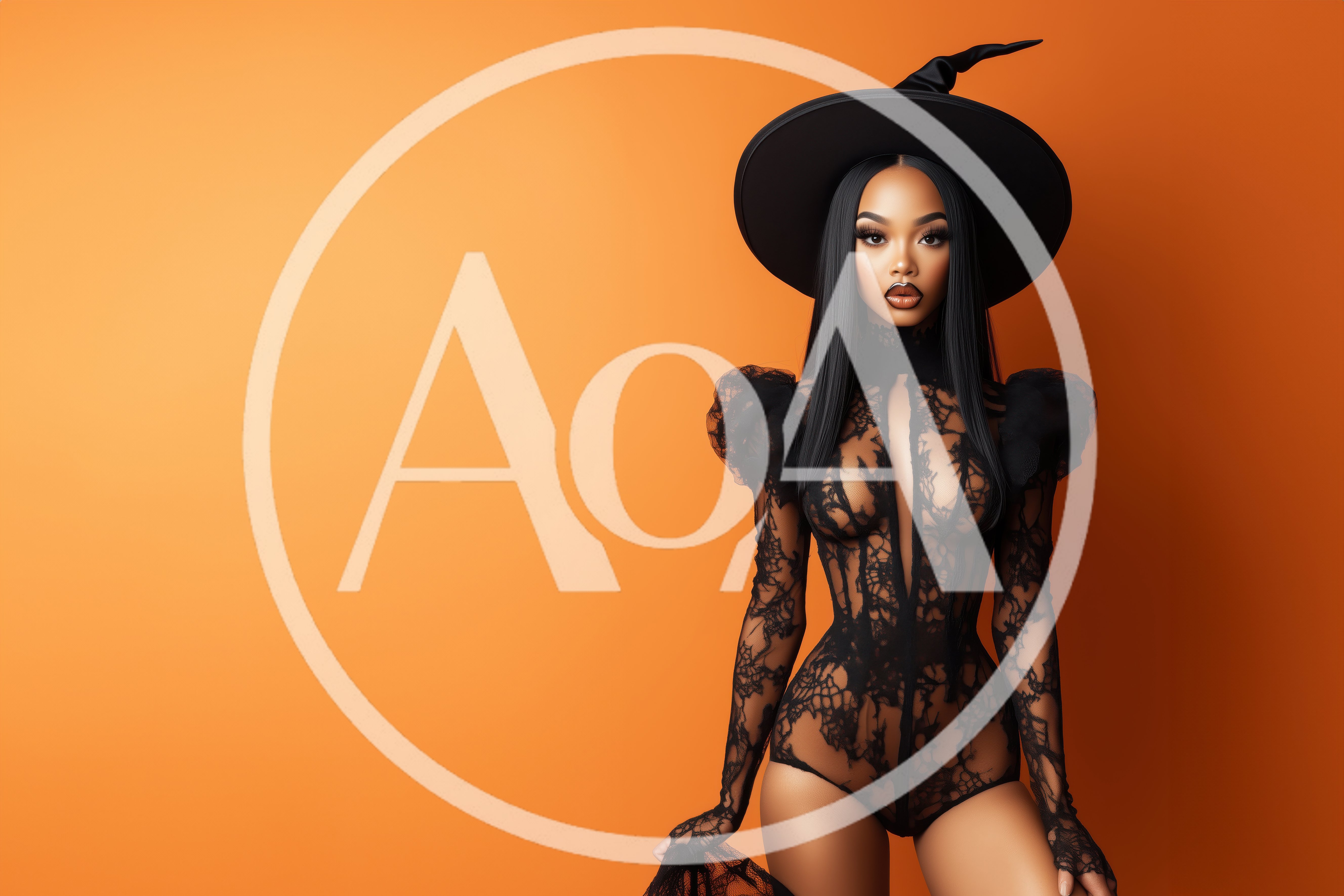 Fashionable Woman Wearing Witch Costume Against Orange Background