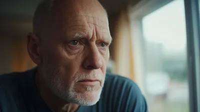 Pensive Elderly Man Looking Out A Window