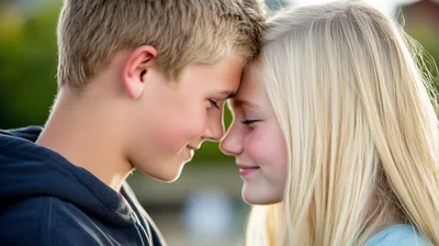 Young Couple Touching Foreheads Outdoors