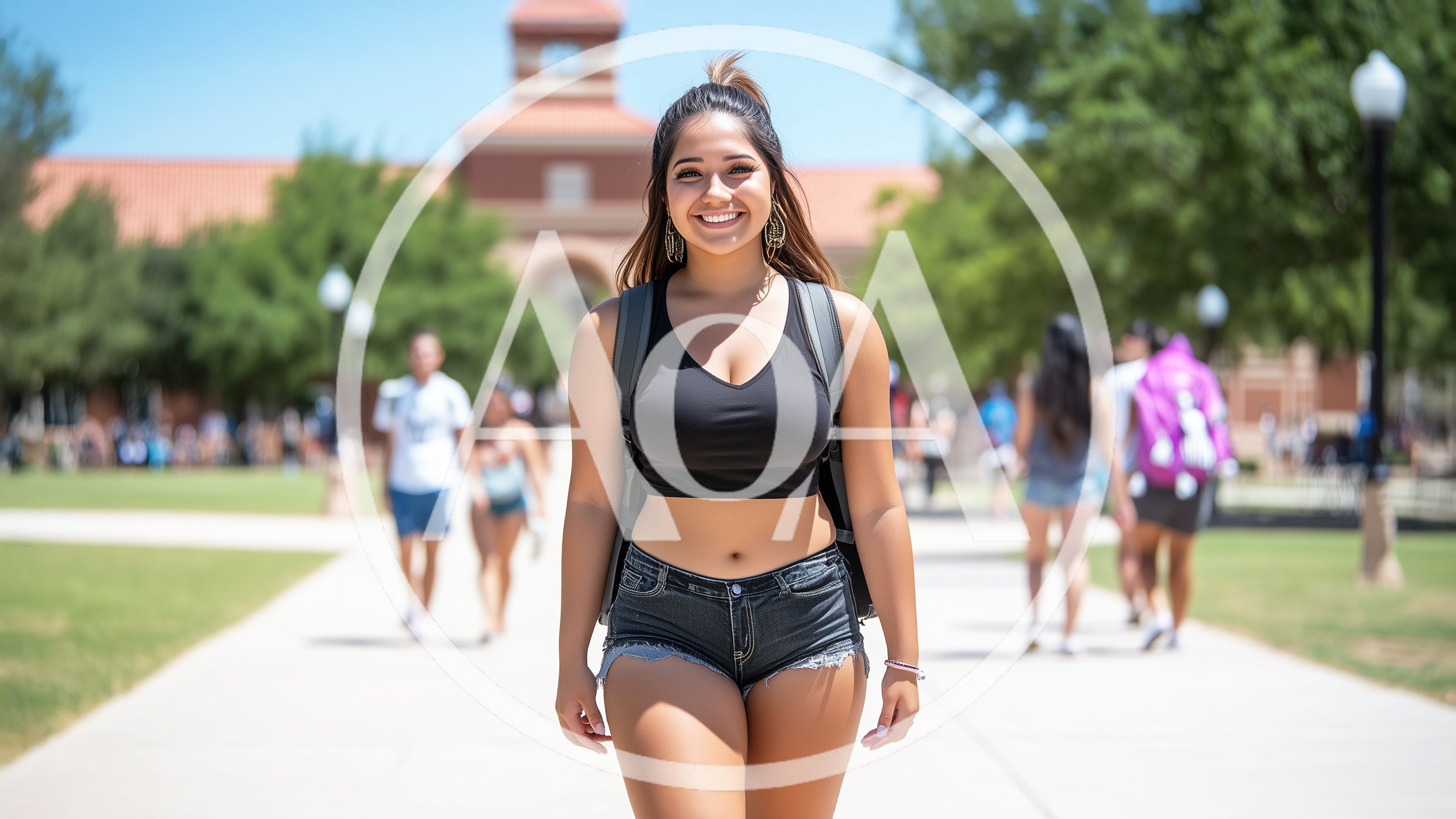 Young Woman Walking Across A Sunny University Campus