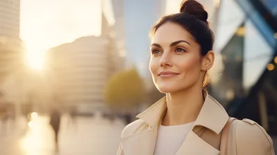 Confident Businesswoman Standing In A Modern City Plaza