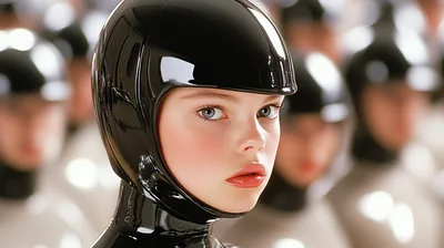Young Woman Wearing Futuristic Black Latex Helmet