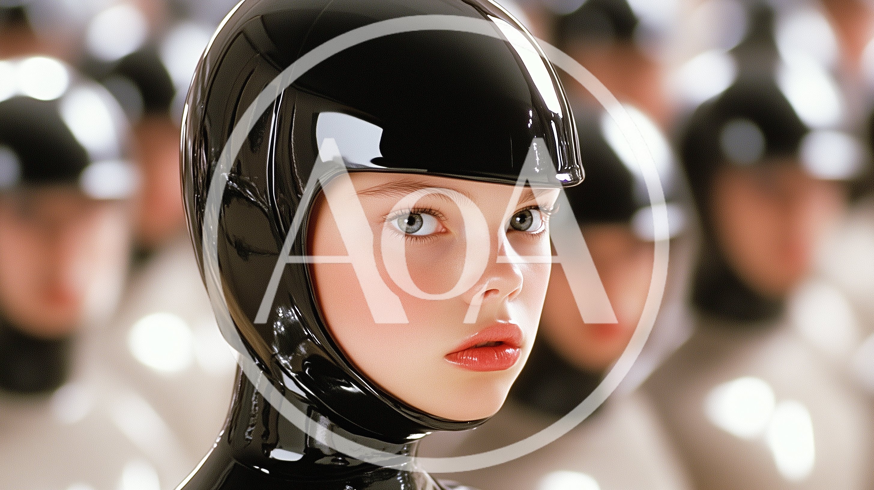 Young Woman Wearing Futuristic Black Latex Helmet