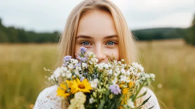 Young Woman Holding Wildflower Bouquet In Meadow