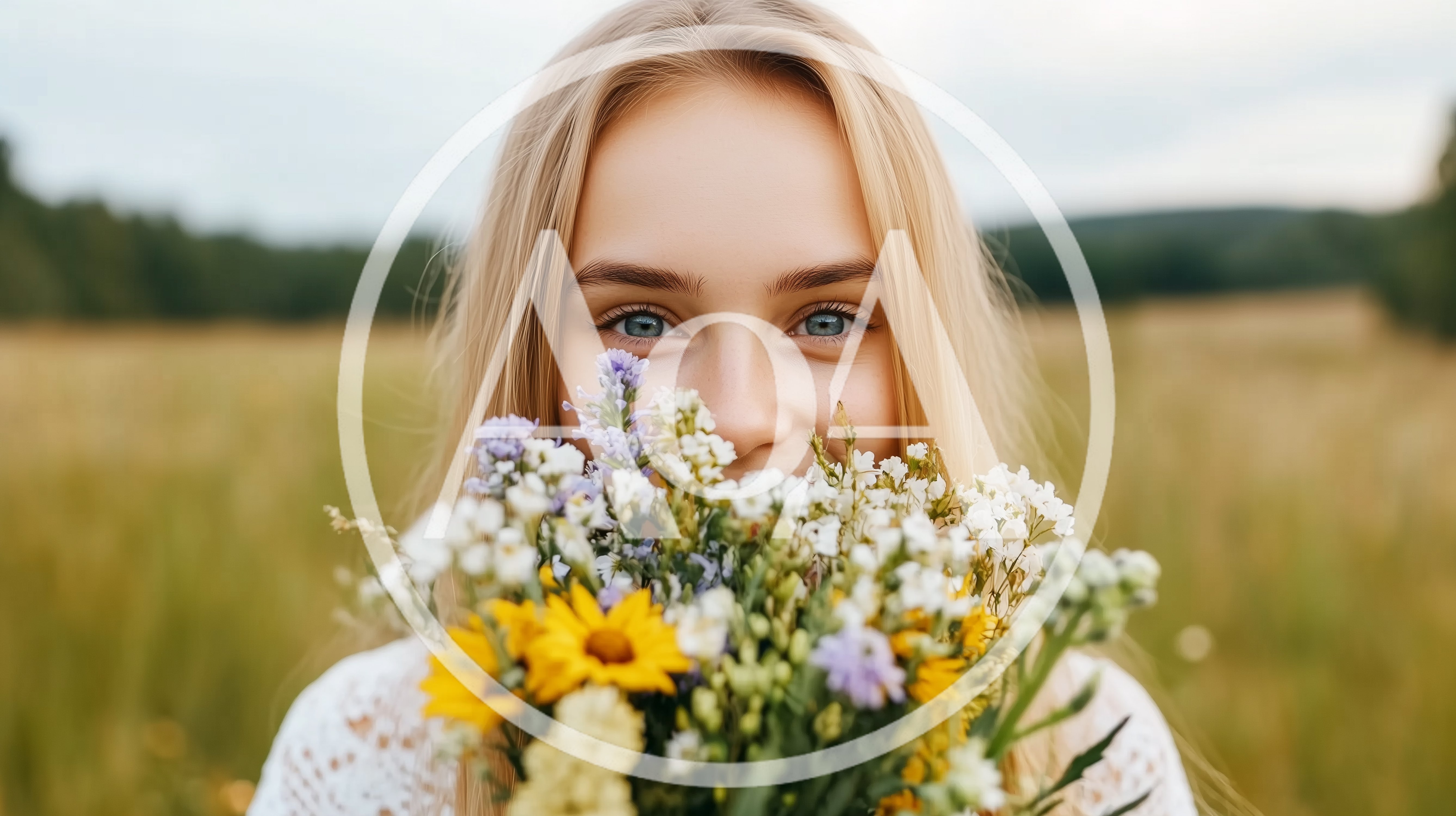Young Woman Holding Wildflower Bouquet In Meadow
