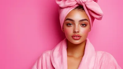 Young Woman With Pink Towel Wrap And Bathrobe