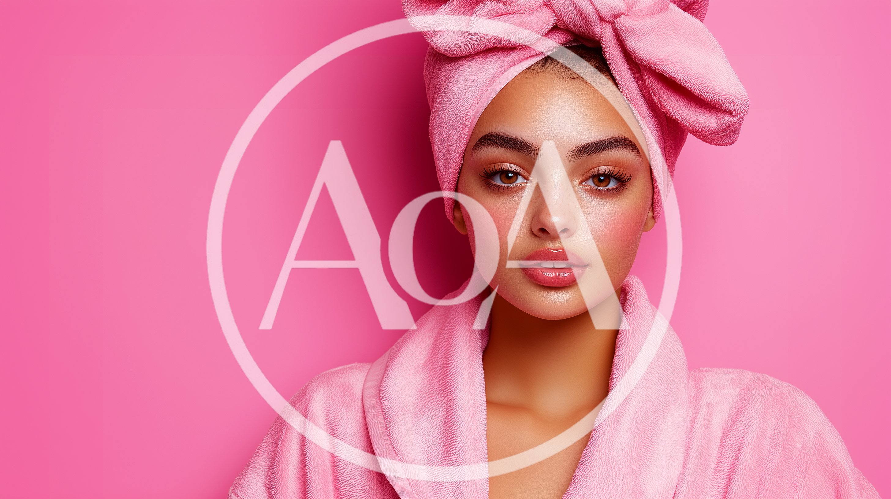 Young Woman With Pink Towel Wrap And Bathrobe