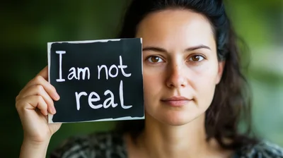 Woman Holding Sign Saying I Am Not Real