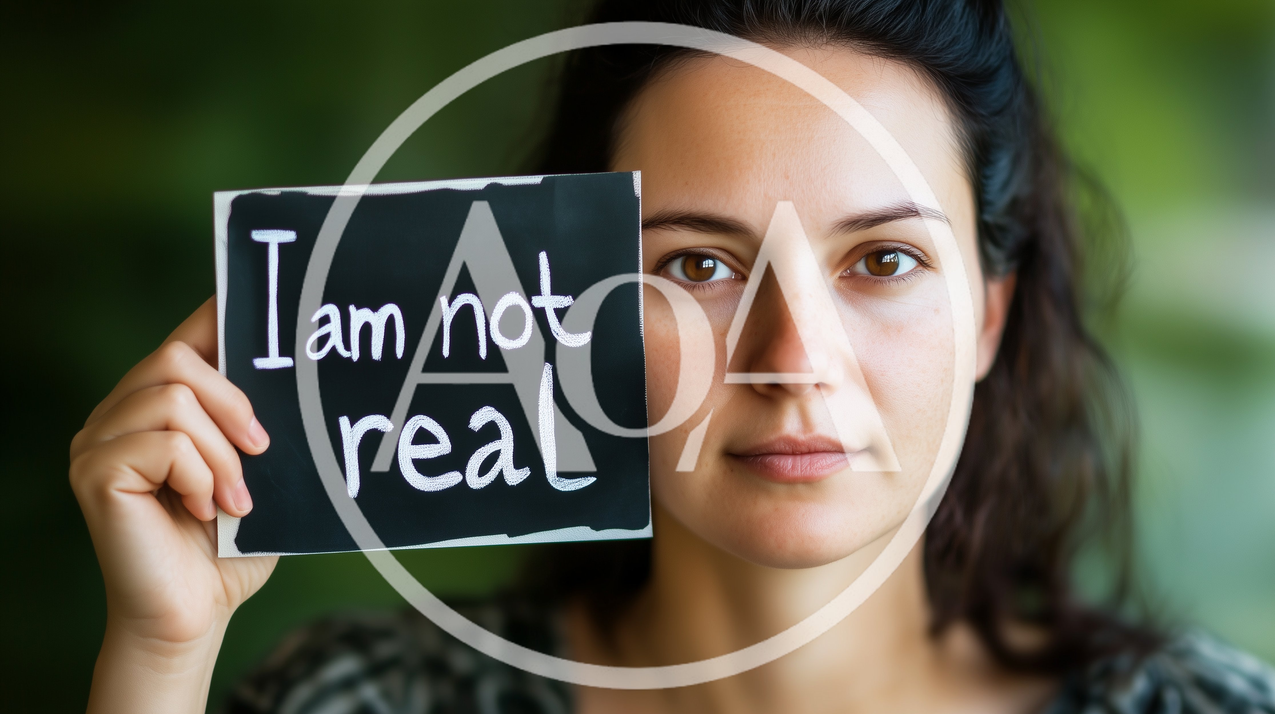 Woman Holding Sign Saying I Am Not Real