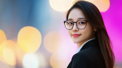 Professional Asian Businesswoman Wearing Glasses Looking At Camera