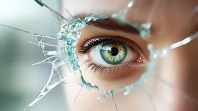 Close Up Of Human Eye Through Broken Glass