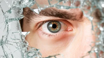 Close Up Of A Human Eye Behind Shattered Glass