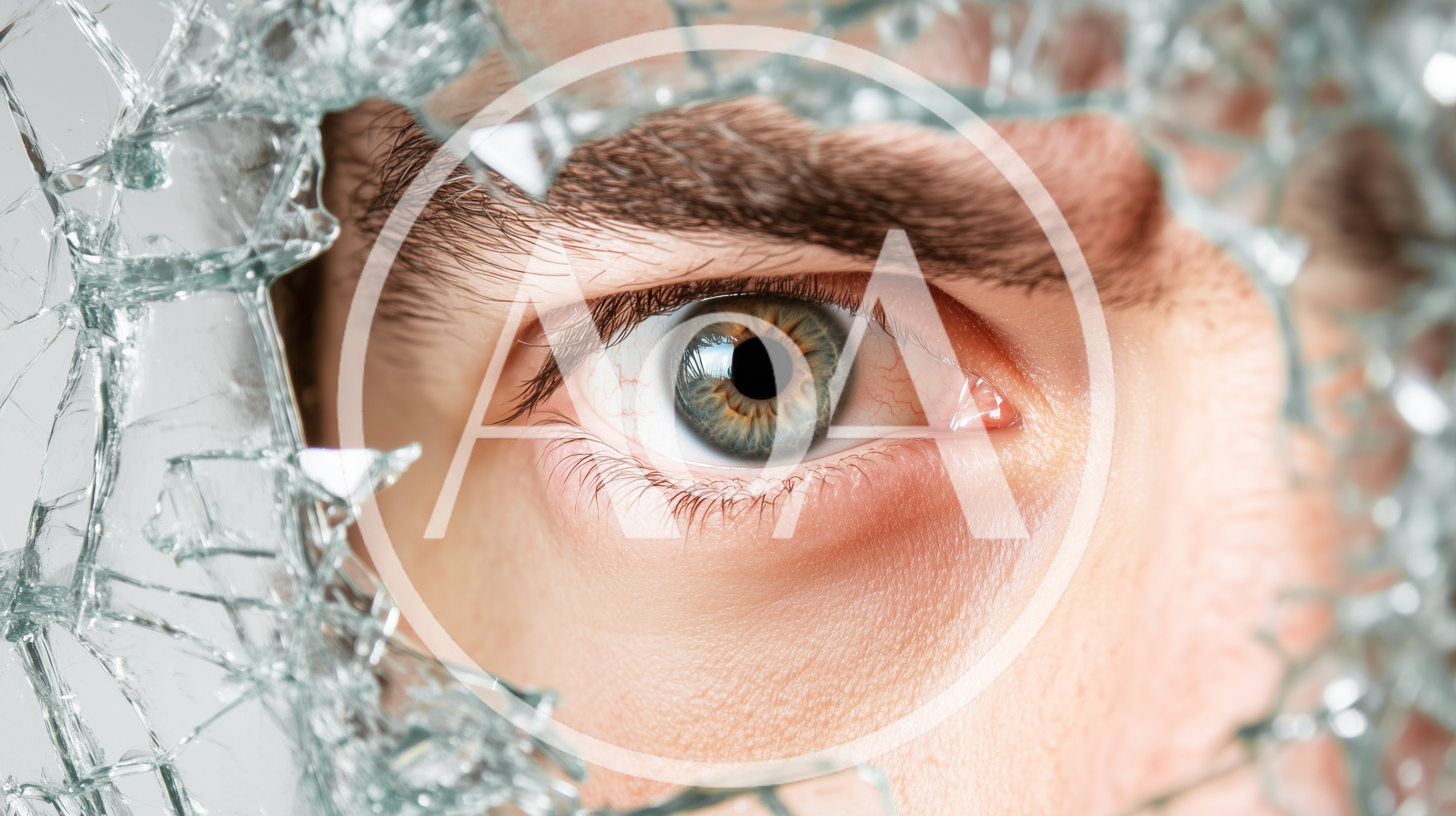 Close Up Of A Human Eye Behind Shattered Glass