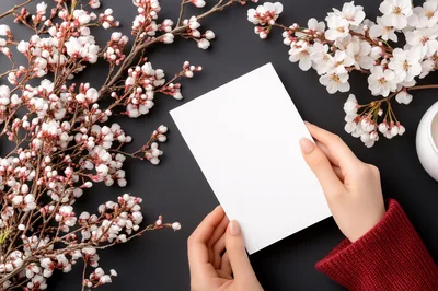 Hands Holding Blank Card With Cherry Blossom Branches