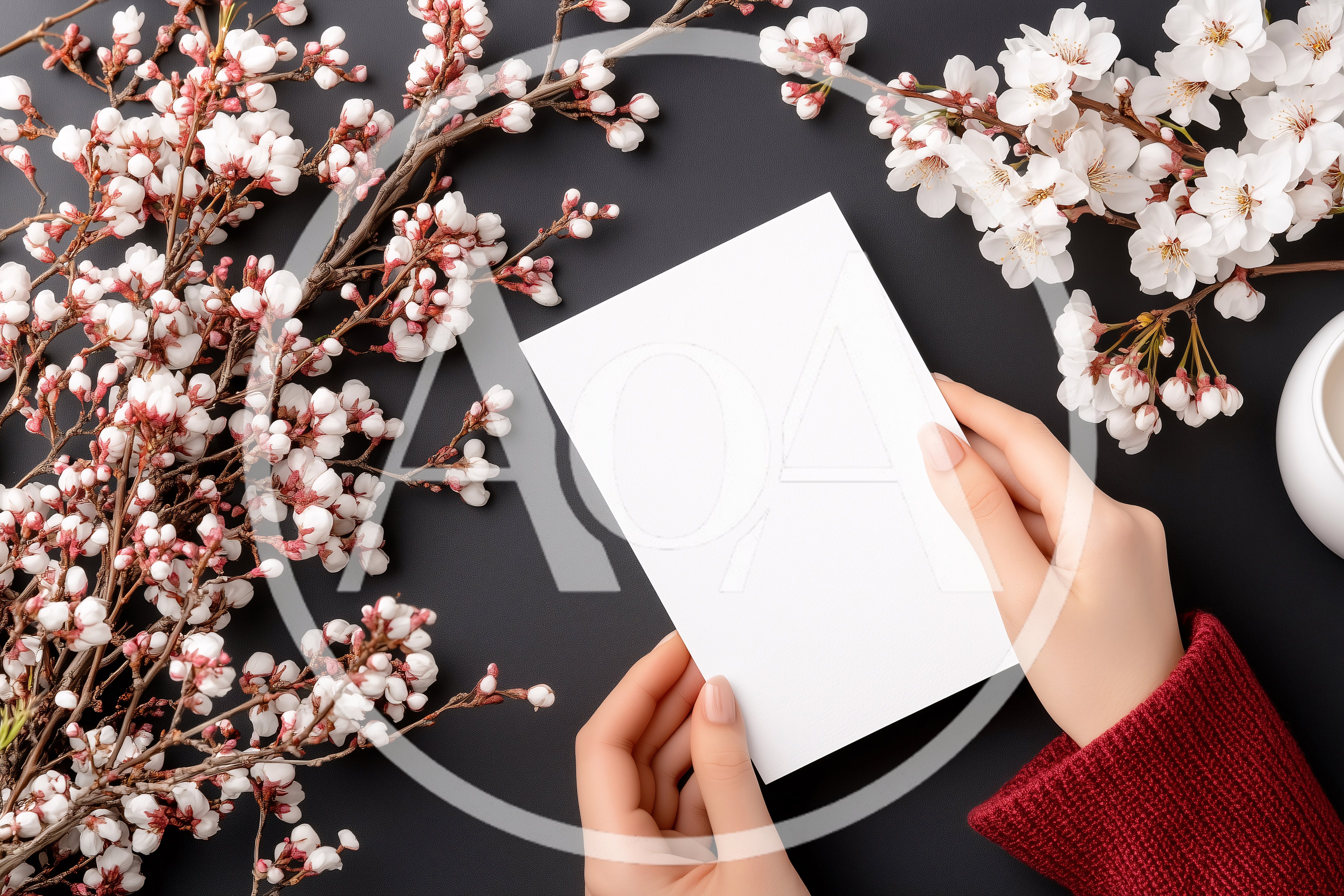 Hands Holding Blank Card With Cherry Blossom Branches