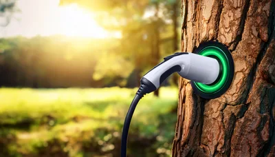 Electric Vehicle Charging Plug Inserted Into Tree Trunk