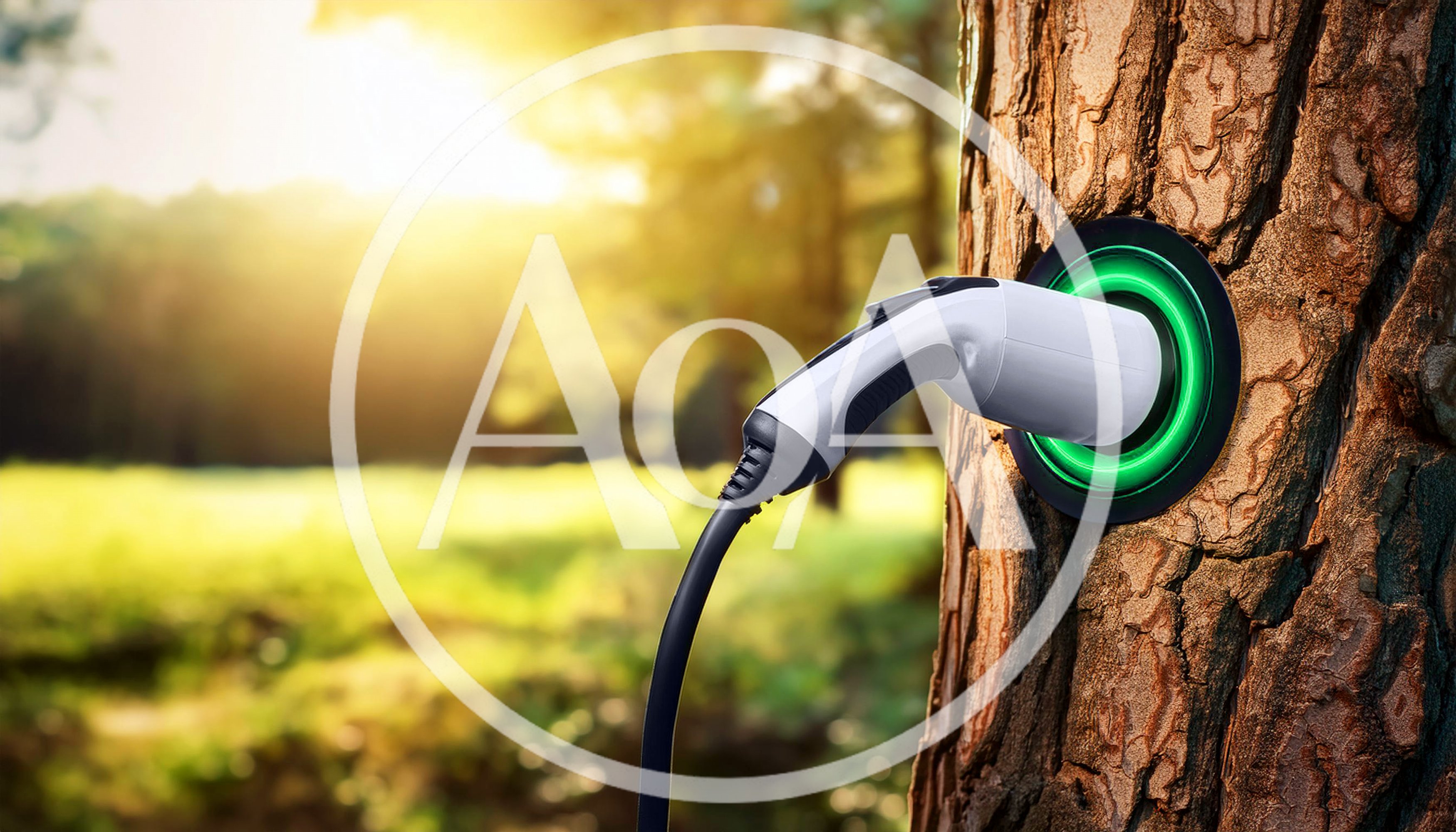 Electric Vehicle Charging Plug Inserted Into Tree Trunk