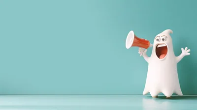 3D Cartoon Ghost Character Holding An Orange Megaphone