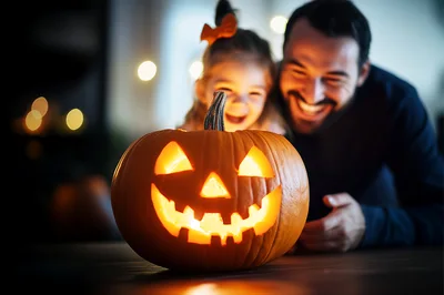 Father and Daughter Carving a Jack-O-Lantern