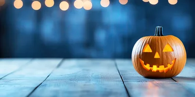 Jack O Lantern Pumpkin on Wooden Table