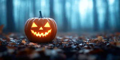 Glowing Jack O Lantern In A Misty Forest
