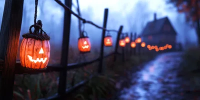 Glowing Jack O Lanterns Hanging On A Rustic Fence