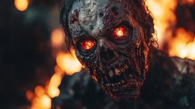 Close Up Of A Terrifying Burning Zombie
