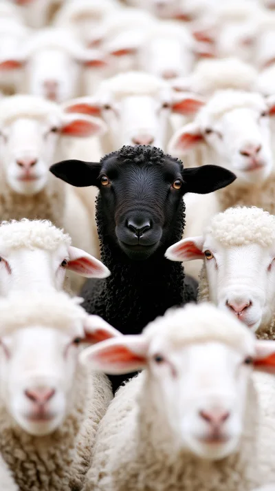 Black Sheep Standing Out Among A Flock Of White Sheep