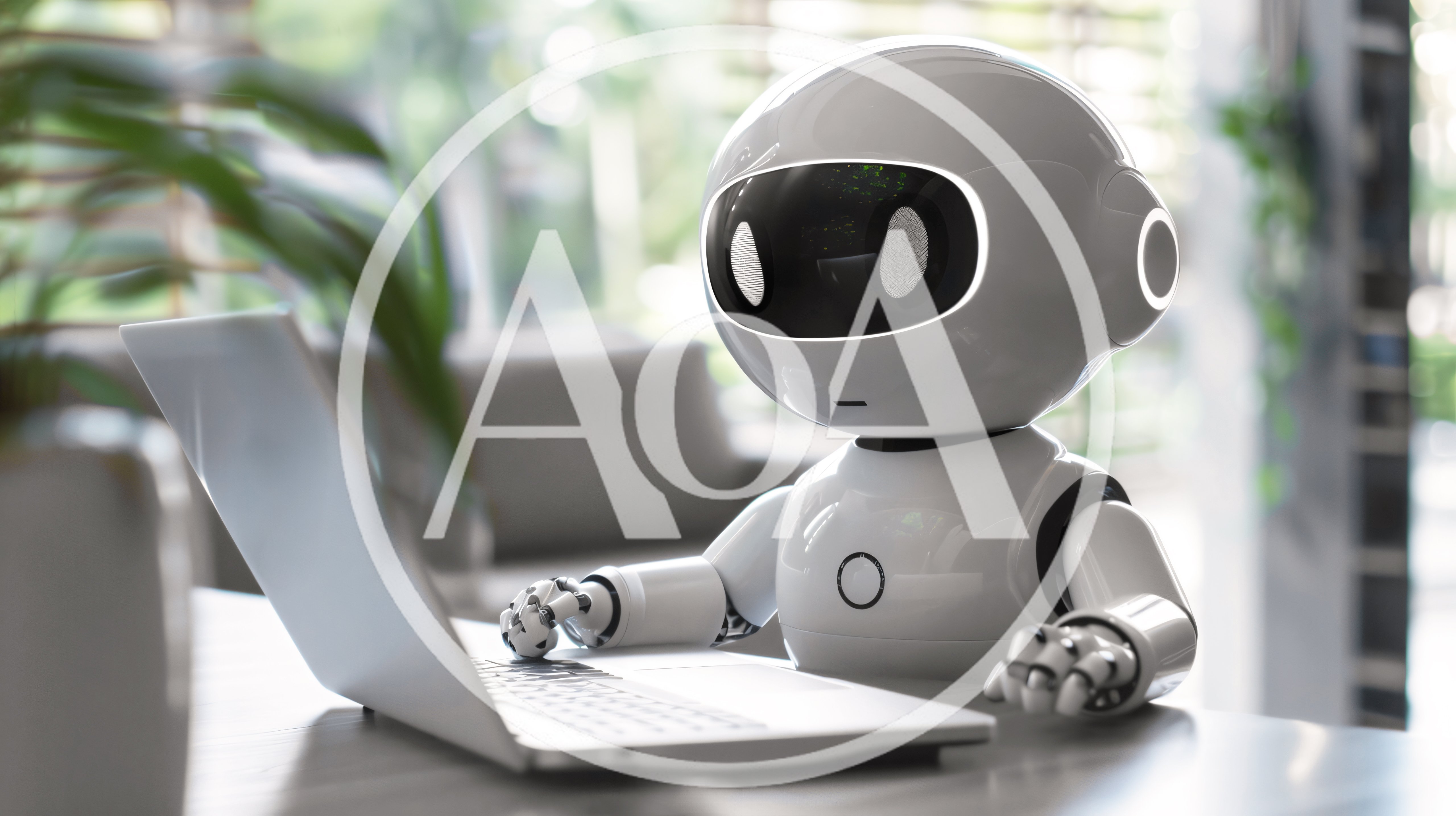 Small White Robot Typing On A Laptop