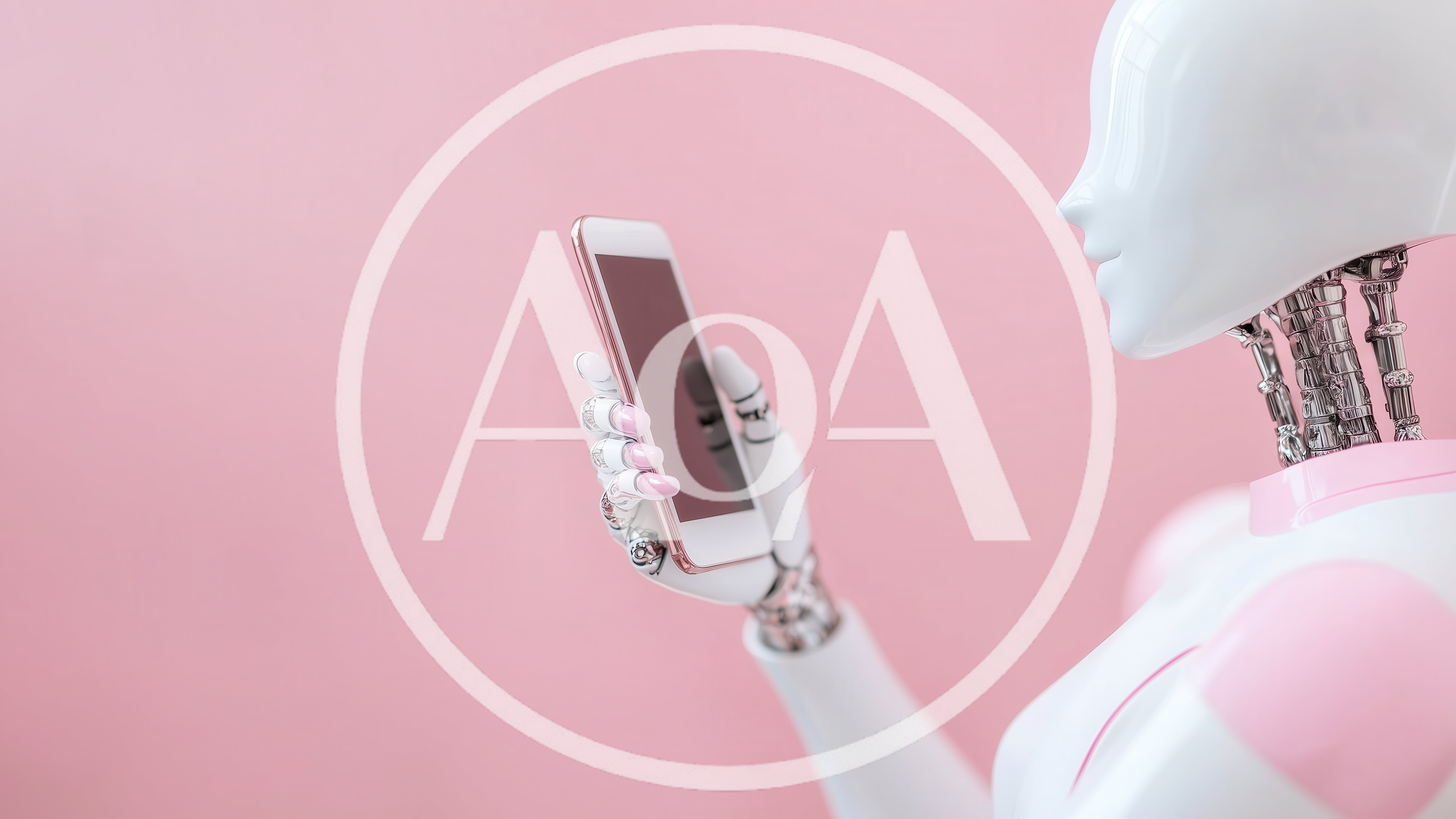 Humanoid Robot Holding A Smartphone Against Pink Background