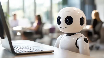 Friendly White Robot Working On A Laptop In Office