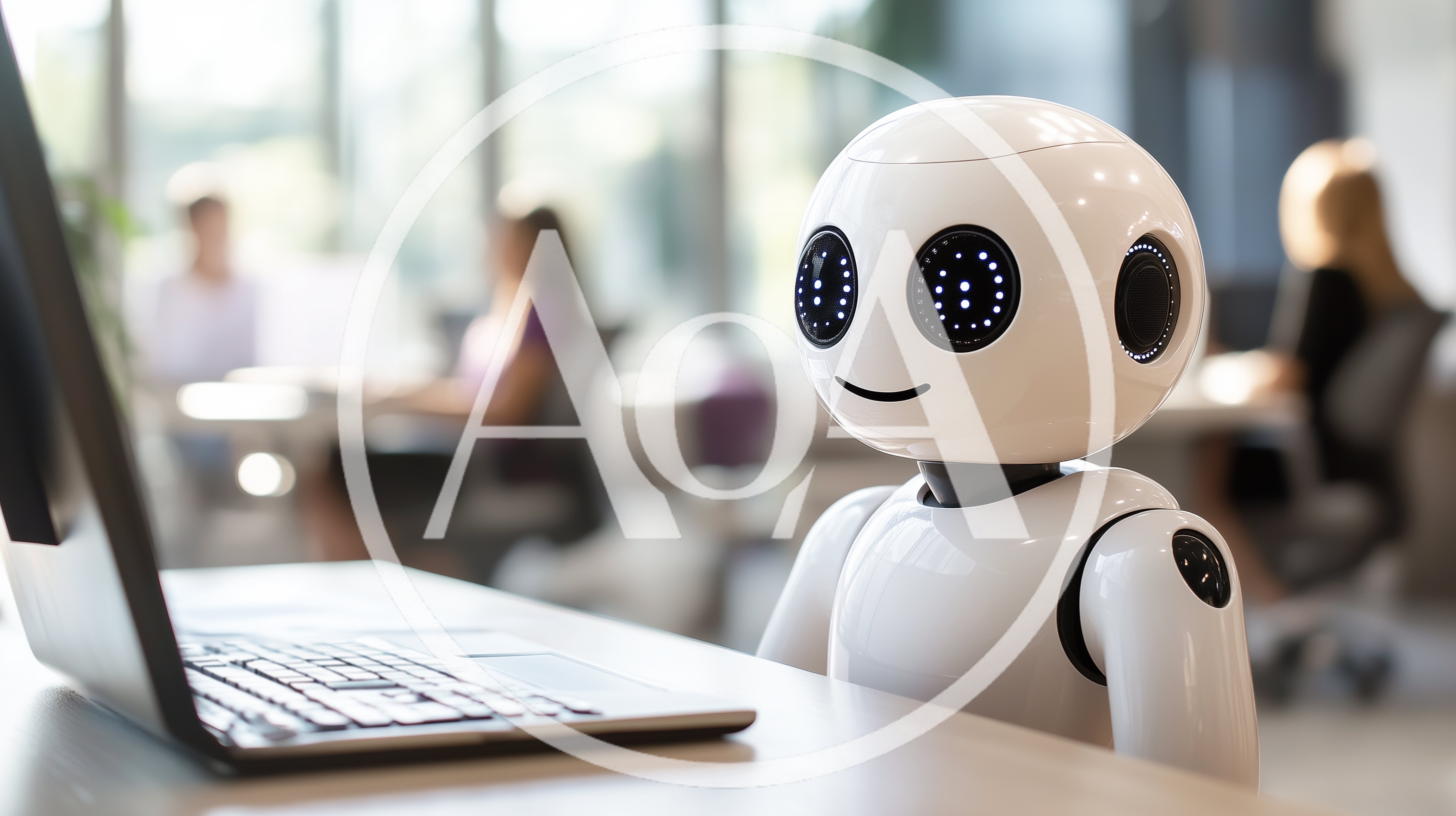 Friendly White Robot Working On A Laptop In Office