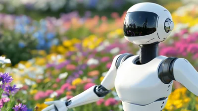 Futuristic White Robot Standing In A Colorful Flower Field