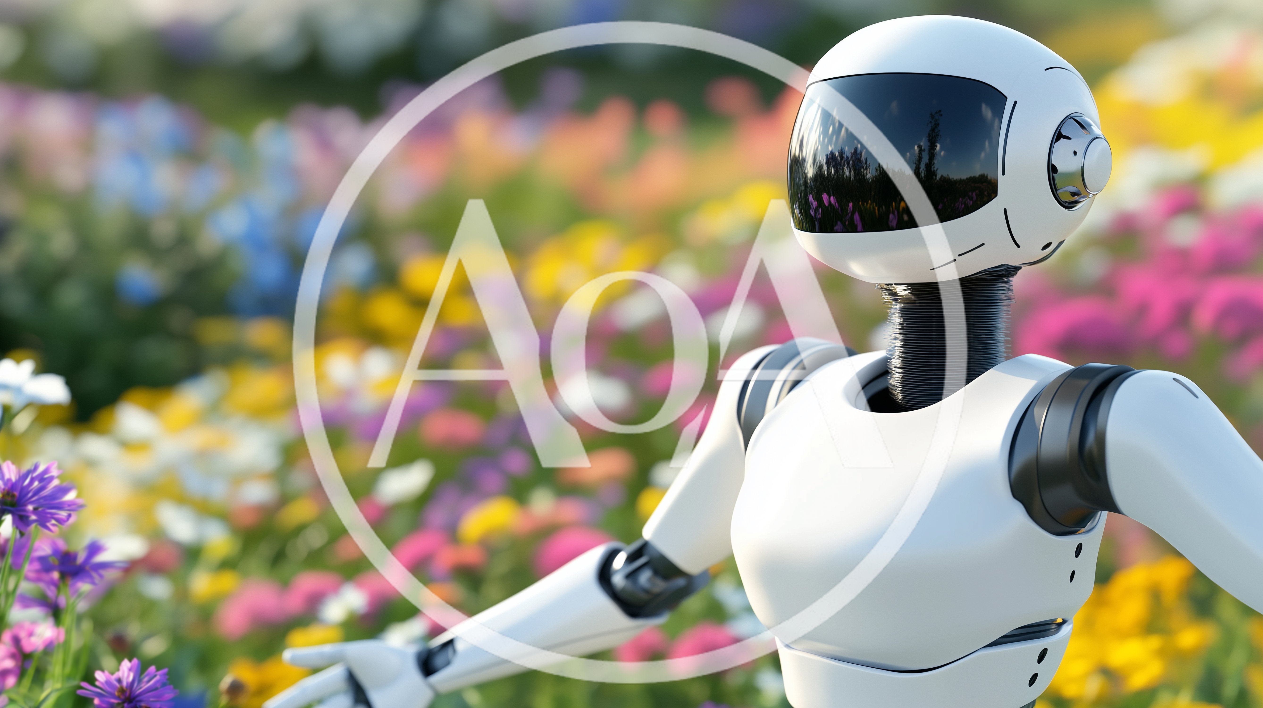 Futuristic White Robot Standing In A Colorful Flower Field