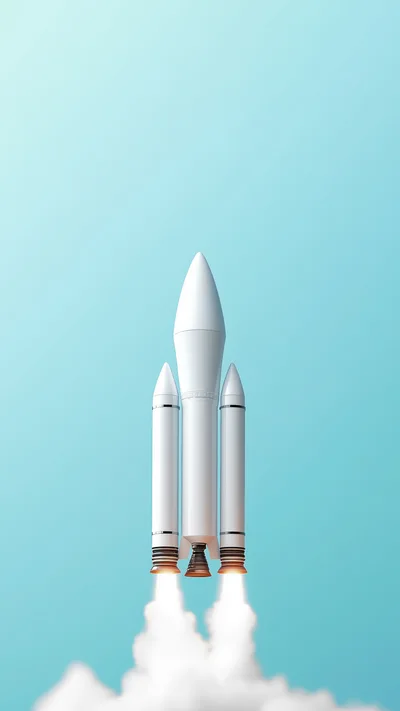 White Space Rocket Launching Into Blue Sky