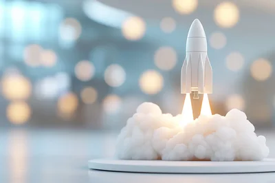 White Rocket Launching From A Circular Platform