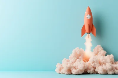 Orange Toy Rocket Launching With Smoke Clouds