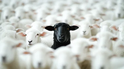 Black Sheep Standing Out Among A Flock Of White Sheep