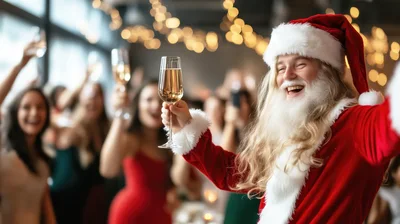 Santa Claus Celebrating With Champagne At A Party
