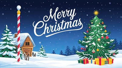Merry Christmas Greeting Card With Decorated Tree And Cabin
