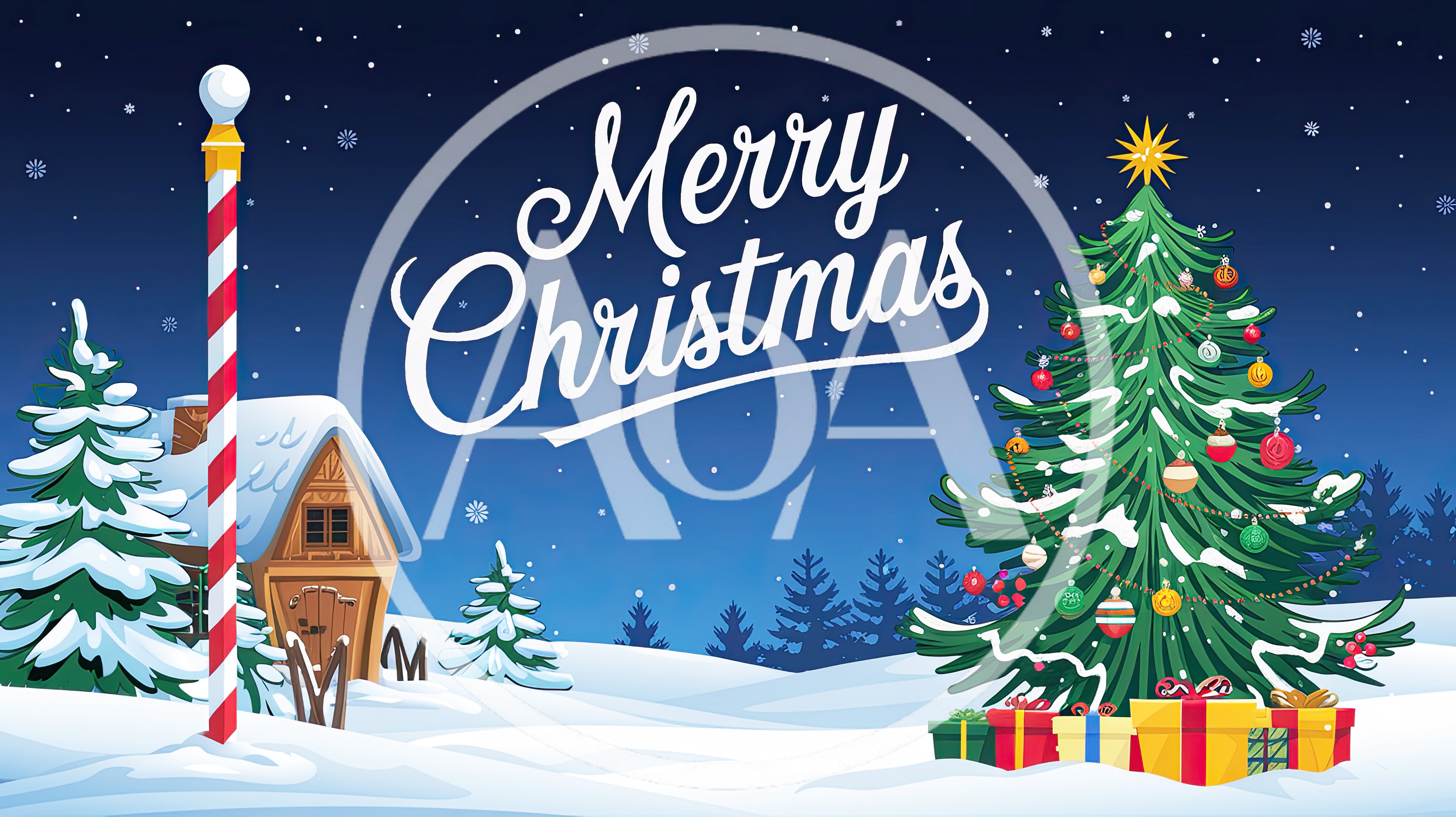 Merry Christmas Greeting Card With Decorated Tree And Cabin