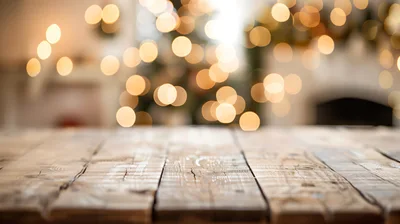 Rustic Wooden Table Surface With Blurred Christmas Lights Background