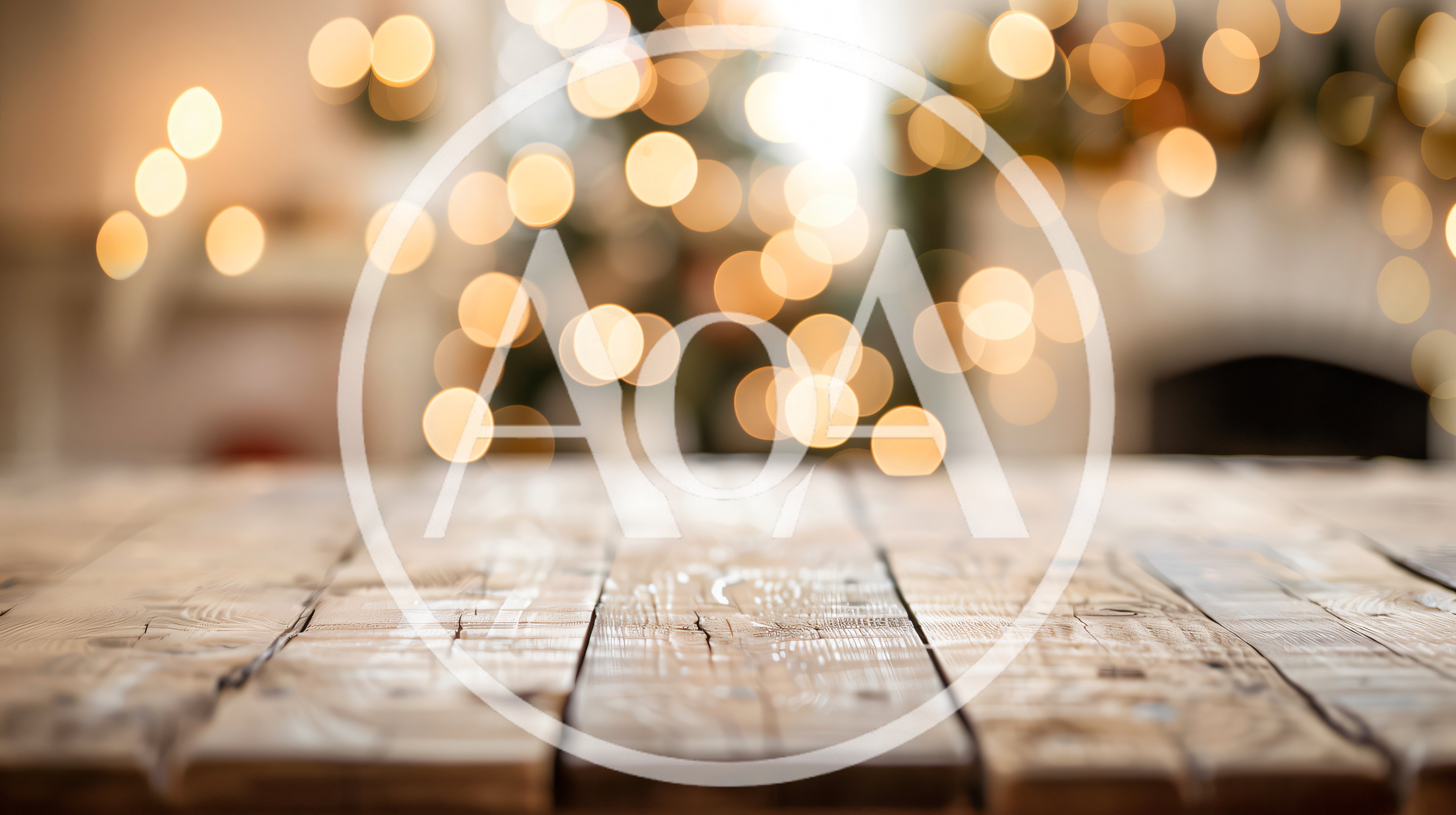 Rustic Wooden Table Surface With Blurred Christmas Lights Background