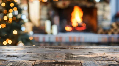 Rustic Wooden Table Surface With Blurred Christmas Fireplace Background