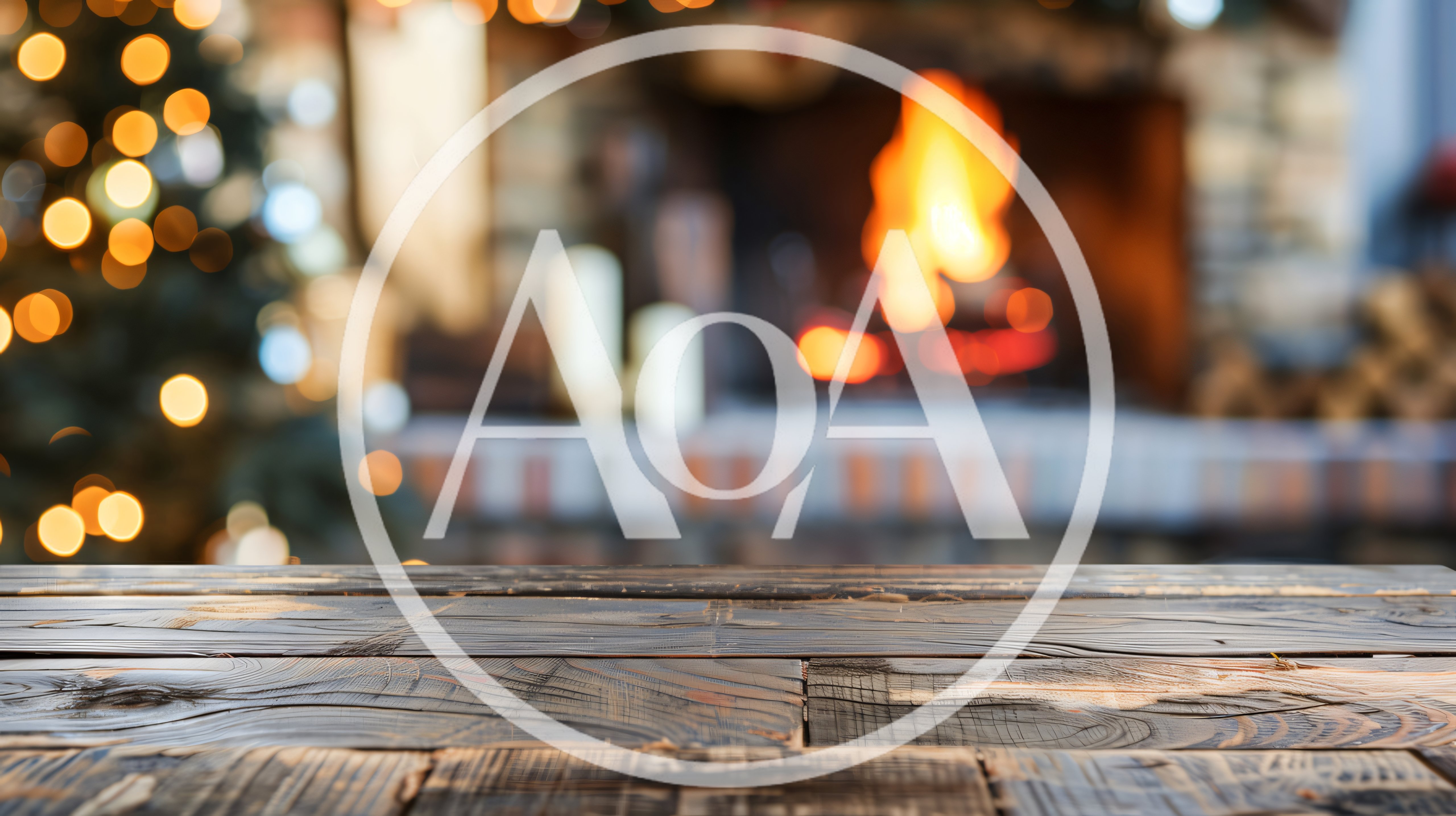 Rustic Wooden Table Surface With Blurred Christmas Fireplace Background