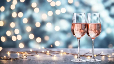 Two Glasses Of Sparkling Rose Wine With Fairy Lights