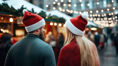 Couple Wearing Santa Hats at Christmas Market